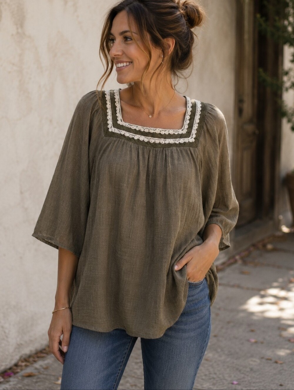 Tassels N Lace Blouse S Olive Army Green Wide Sleeve Crochet Trim Square Neck